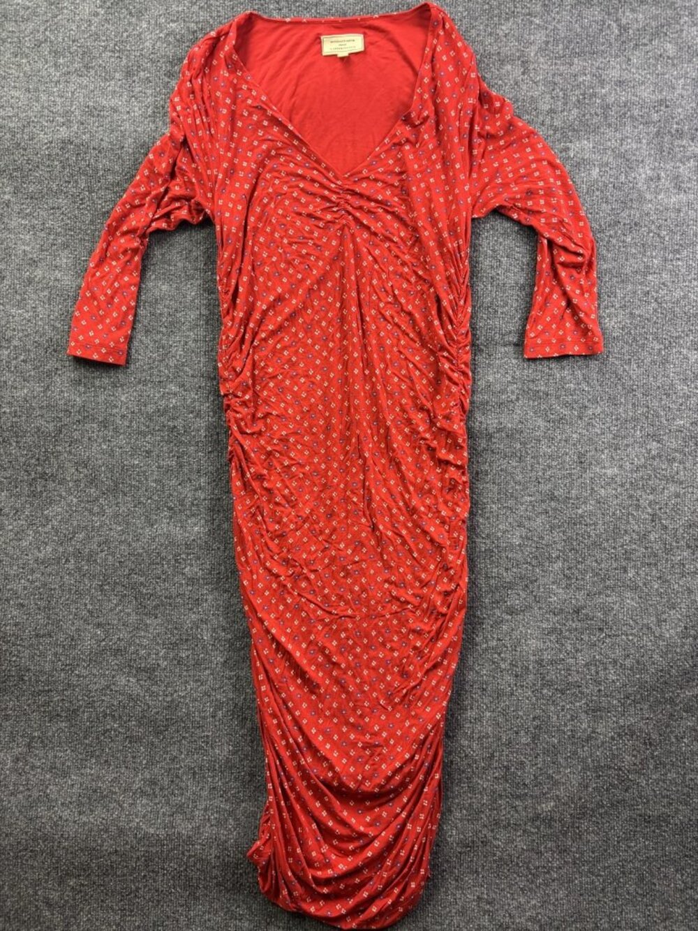 Moulinette Soeurs Dress Womens XL Red V Neck Ruched Bodycon Long Anthropologie
